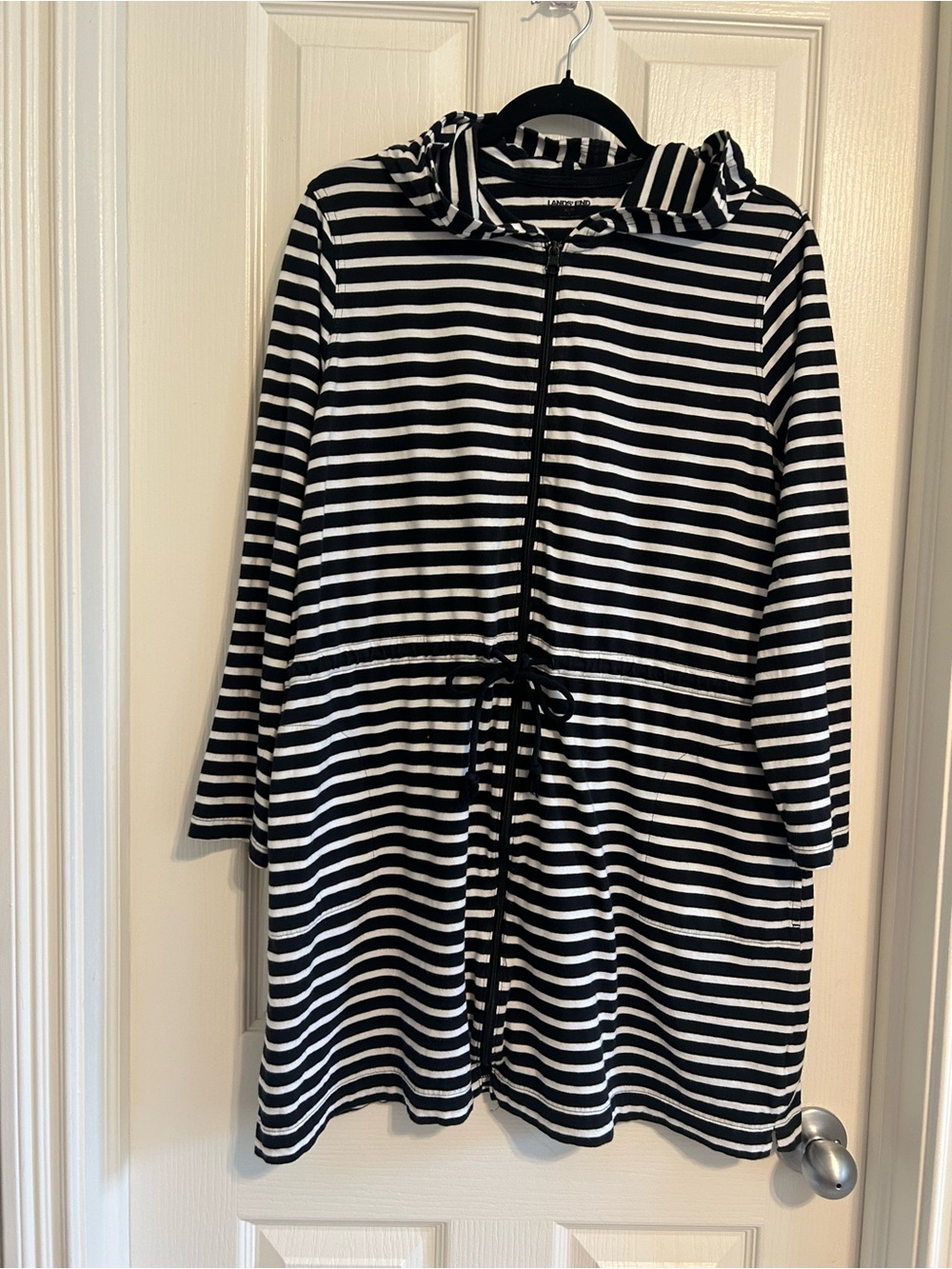 Lands' End Black and White Striped Hooded Drawstring Coverup